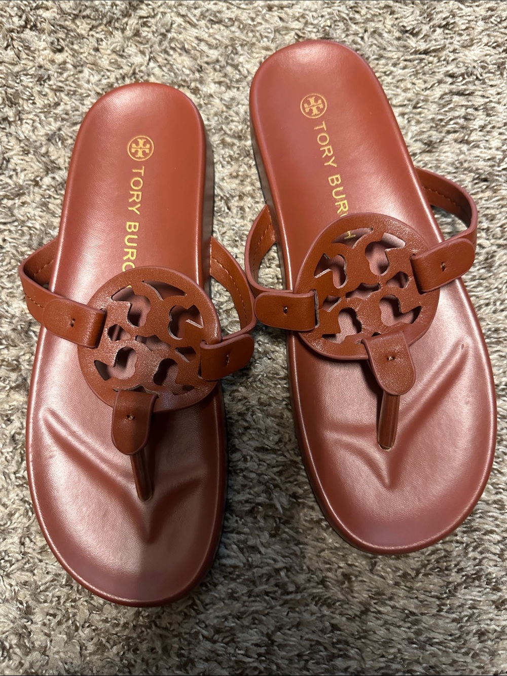 Tory Burch Tan Leather Logo Thong Sandals